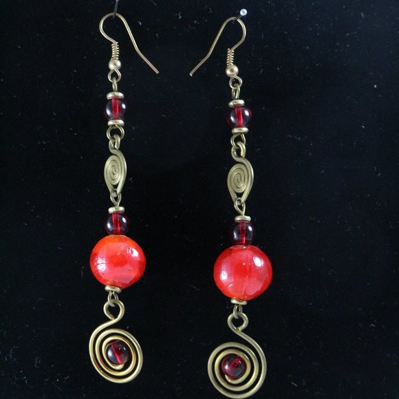 Handmade East African Brass Red Ceramic Beaded Drop Earrings Pair - Picture 3 of 5
